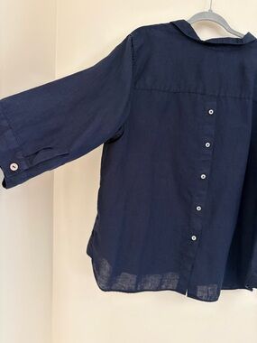 Chico’s No Iron™ 100% Linen Shirt Navy Blue Button Back 3/4 Sleeve Size 4 (XXL)